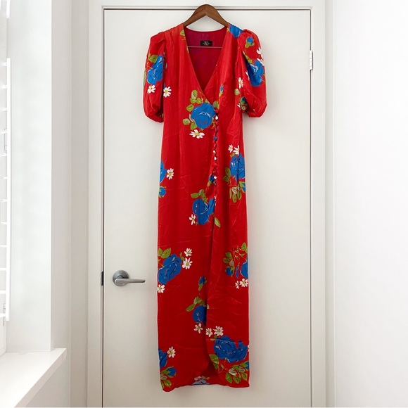 NWOT De La Vali Ohio Satin Floral Print Maxi Dress 4 - Picture 3 of 16
